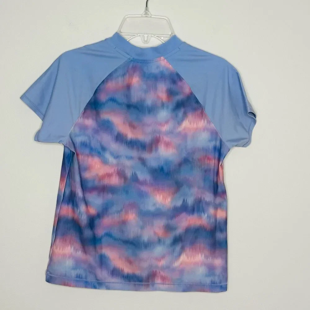 Athleta Girl Mock Neck Rashguard Swim Top Color Sunset Blue and Pink Size XL